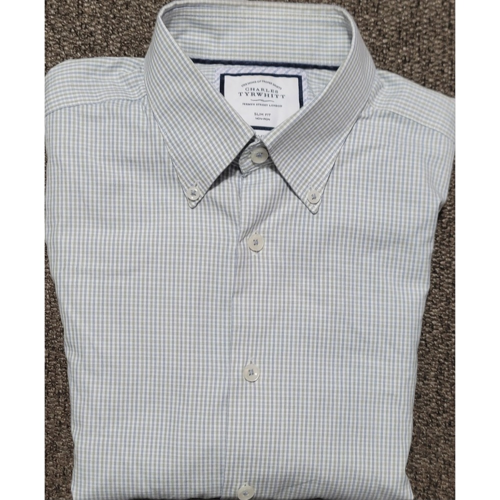 Charles Tyrwhitt Men's Green Blue Slim Fit Non-Iron Dress‎ Shirt Size 15.5 X 34